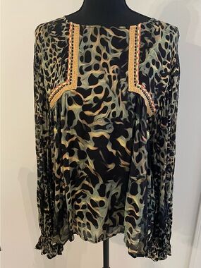 Anthropologie Blink London Joelle Leopard Print Boho Peasant Blouse M